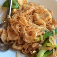 Chicken Pad Thai Noodles · Fresh rice noodles sauteed with chicken, egg, scallions, bean sprouts and ground peanuts.