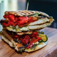 Chicken Lover Panini · Grilled chicken breast, sweet bell peppers, sun-dried tomatoes, eggplant, zucchini, pesto vi...