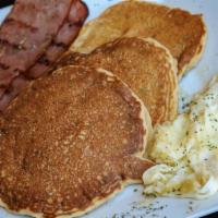 Sweet Potato Pancakes · Southern style golden sweet potato pancakes, grilled and served with 3 egg whites and gluten...