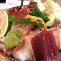 Chirashi · Variety of raw fish over seasoned rice. Served with miso soup and green salad. 