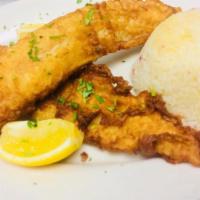 Pescado Frito · Beer battered fried fish. Beer battered fried fish served with choice of rice, mashed potato...