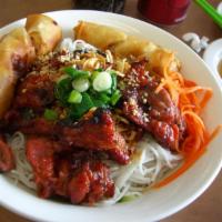 Grilled Meat Noodles · Bun thit nuong. Served with lettuce, cucumber, carrot, bean sprout, peanuts, cilantro, green...