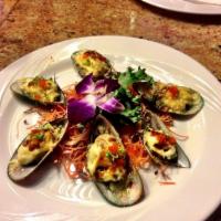 Grilled New Zealand Mussels · Grilled half shell mussels topped with scallions, mayonnaise, eel sauce and tobiko.