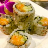 Spicy Scallop Roll · Chopped scallop with spicy mayo, cucumber and scallion, wrapped inside out with tobiko. Raw....
