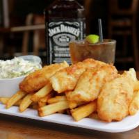 IPA Beer Battered Fish · Hand battered wild-caught cod fillets served with coleslaw, natural cut fries, and house mad...