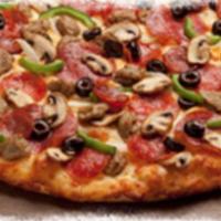 King Arthur's Supreme Pizza · Pepperoni, Italian sausage, salami, linguica, mushrooms, green peppers, yellow onions, and b...