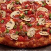 Italian Garlic Supreme Pizza · Super good. Pepperoni, Italian sausage, tomatoes, mushrooms, green onions and lots of garlic...