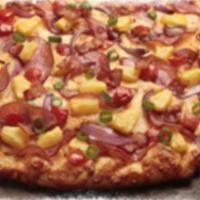 Maui Zaui Pizza · Ham, mini pepperoni or chicken, bacon, pineapple, tomatoes and red and green onions on Polyn...