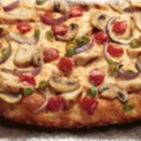 Chicken and Garlic Gourmet Pizza · Chicken, garlic, mushrooms, tomatoes, red and green onions and Italian herb seasoning on cre...