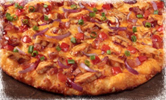 BBQ Chicken Pizza · Chicken, bacon, cheddar, tomatoes, red and green onions on BBQ Ranch sauce and topped sweet and tangy BBQ sauce.