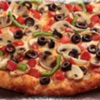Guinevere's Garden Delight Pizza · Tomatoes, mushrooms, green peppers, onions and black olives on zesty red sauce. Vegetarian.