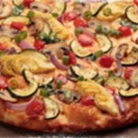 Gourmet Veggie Pizza · Artichoke hearts, zucchini, spinach, mushrooms, tomatoes, garlic, red and green onions on ou...