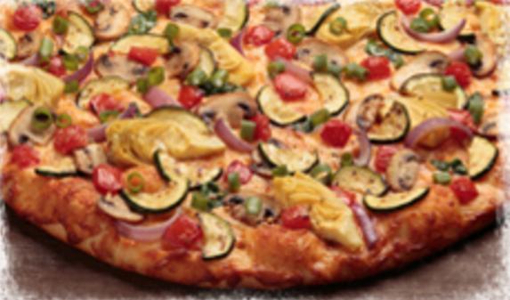 Gourmet Veggie Pizza · Artichoke hearts, zucchini, spinach, mushrooms, Roma tomatoes, red and green onions, Italian herb seasoning and lots of chopped garlic. Baked with three cheese on our creamy garlic sauce.