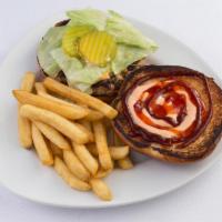 Beef Burger with Fries · Succulent beef patties grilled and topped with lettuce, tomatoes and cheese.