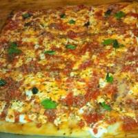 Grandma's Pizza · Thin square pan pizza with fresh mozzarella, plum tomatoes and herbs.