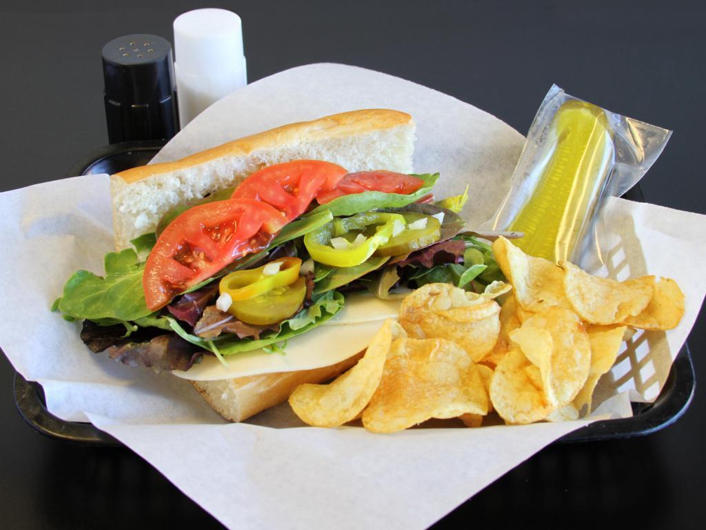 Veggie Sub · Lettuce, pickles, peppers, cheese and Italian dressing.