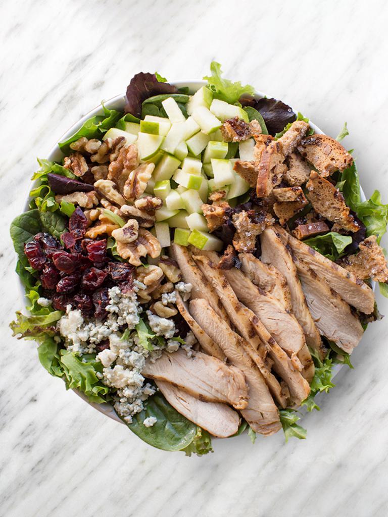 Harvest Salad · Mixed greens, grilled chicken, sweet crisps*, bleu cheese, walnuts, apple, dried cranberries, and balsamic vinaigrette.
*Contains nuts.