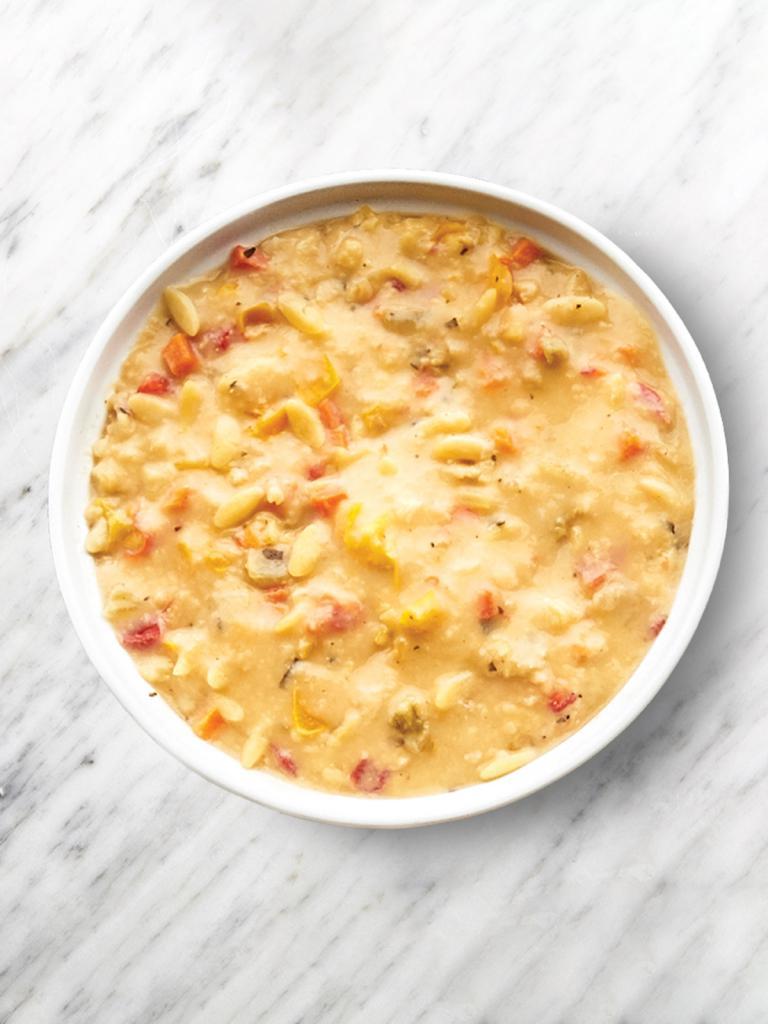 Chicken Orzo Soup · Chicken, orzo pasta, vegetables, a hint of lemon.