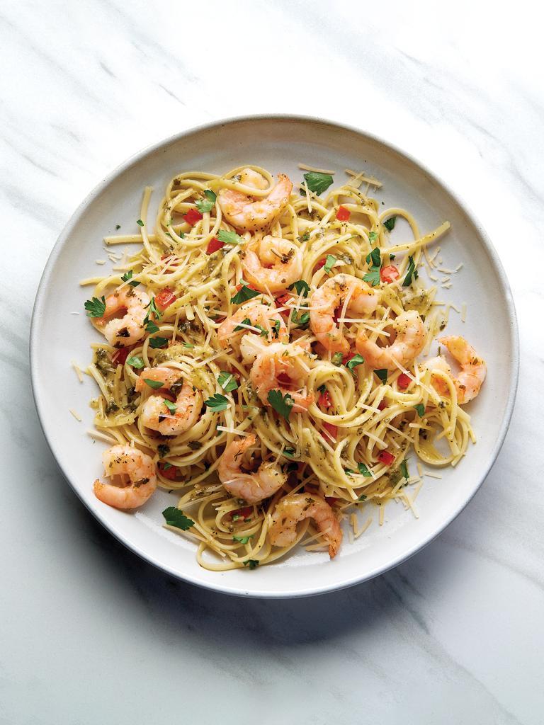 Shrimp Scampi Linguine · Shrimp, Parmesan, linguine, garlic butter, tomato, fresh parsley, lemon juice.