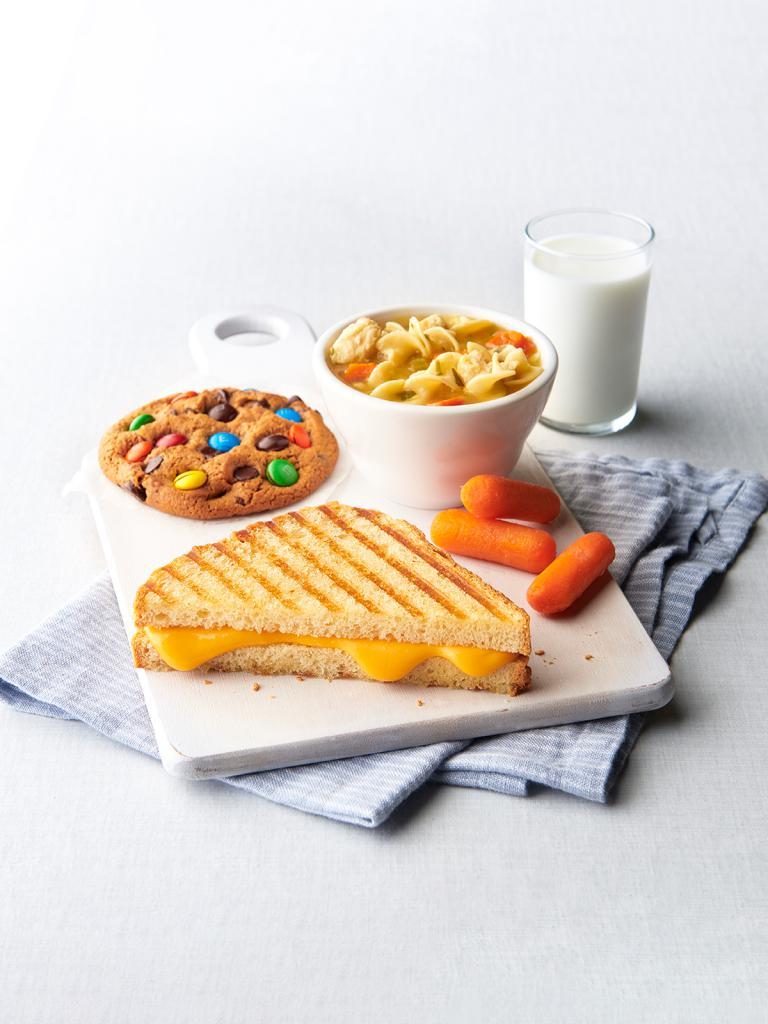 Kids Combo · Any half kids' sandwich paired with a small soup and your choice of bakery chips or baby carrots. Served with your choice of fresh fruit or freshly baked cookie and milk or 12 oz soft drink.
