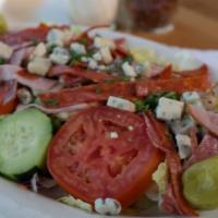 Antipasto Salad · Tomatoes, cucumbers, salami, pepperoni, Canadian bacon, fresh mushrooms, black olives, peppe...