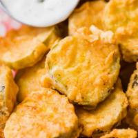 Fried Pickles · 8oz portion of deep fried pickle chips served with 1 dip of your choice!
