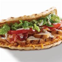 Chicken Bacon Ranch Flatbread · Grilled chicken, bacon, tomatoes, romaine, cheddar & lite ranch.