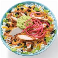 Baja Chicken Bowl · Grilled chicken, rice, black beans, smashed avocado, romaine, pickled red onions, cheddar &r...