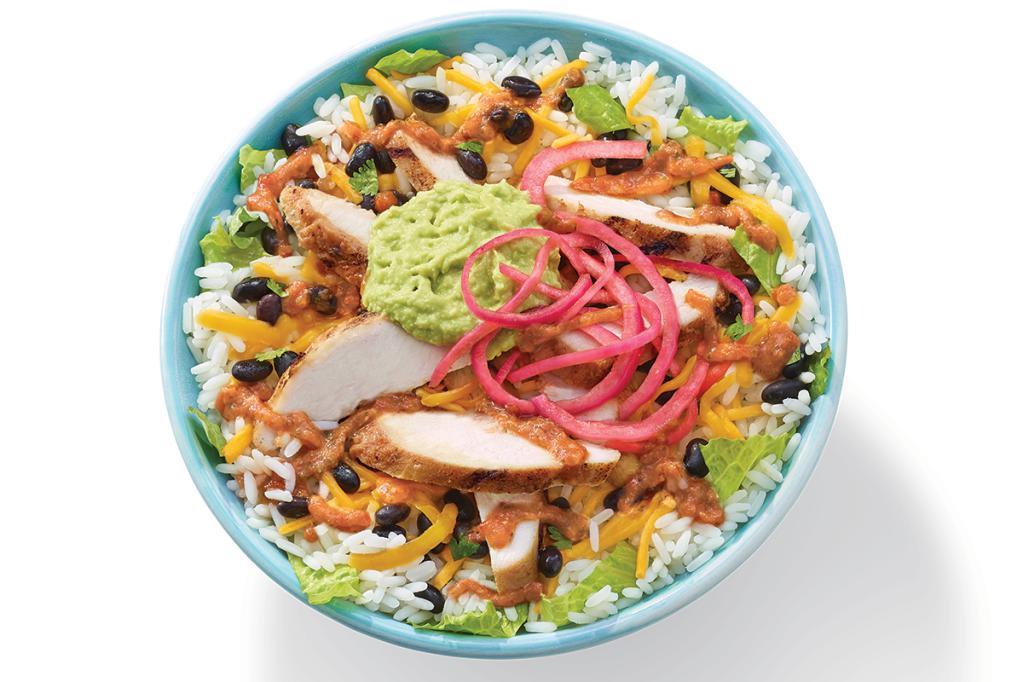 Baja Chicken Bowl · Grilled chicken, rice, black beans, smashed avocado, romaine, pickled red onions, cheddar &roasted tomato salsa.