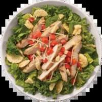 Supergreen Caesar Chicken Bowl · Grilled chicken, romaine & spinach blend, shredded parmesan, tomatoes, parmesan crisps & Cae...