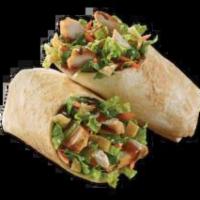 Thai Chicken Wrap · Grilled chicken, carrots, sesame seeds, wontons, cilantro, scallions, romaine & Thai peanut ...