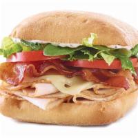 Turkey Bacon Ranch Sandwich · Turkey, bacon, tomatoes, romaine, swiss & lite ranch on ciabatta. Toasted.