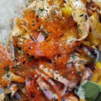 Monster Appetizer · Tender chucks of mixed fresh fish/crab meat/mango/avocado/roe/crunchy flakes/7 different sau...