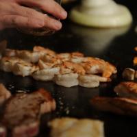 (H) Filet Mignon/Shrimp · Served with clear mushroom soup, edamame, hibachi shrimp appetizer. assorted vegetables, hib...