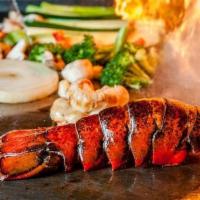 (H) Lobster/Steak · Served with clear mushroom soup, edamame, hibachi shrimp appetizer. assorted vegetables, hib...