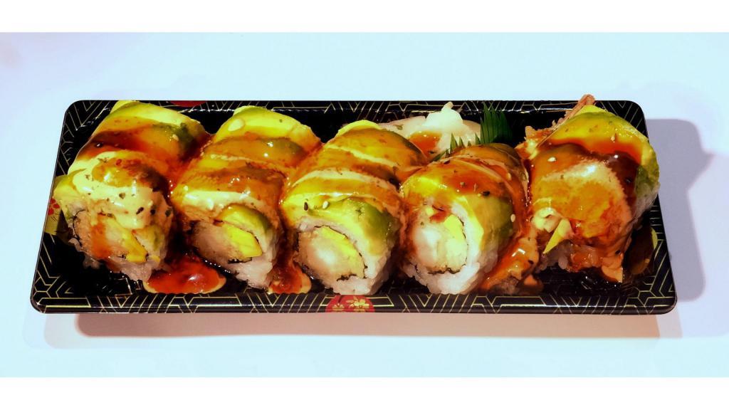 Monkey  · Shrimp tempura and cucumber topped with avocado and a trio of spicy sauces. Cooked.