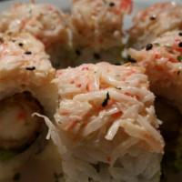Snow Mountain · Tempura shrimp and avocado topped with king crab meat. Cooked.