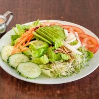 Garden Salad · Romaine lettuce, carrots, cucumber, tomato, celery, onion, avocado, shredded beets, alfalfa ...