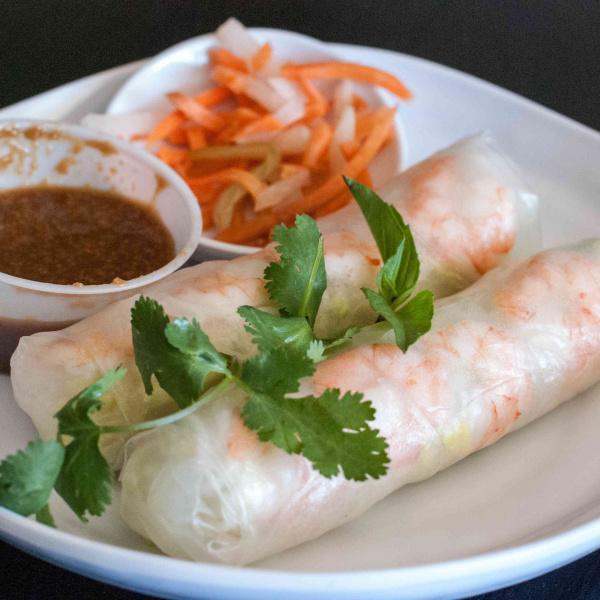 Summer Roll · Steamed shrimp, lettuce, and vermicelli wrapped in rice paper. 2 pieces. Served with peanut sauce