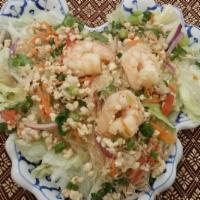 23. Silver Noodles Salad · Silver noodles mixed with shrimp, ground chicken, mushrooms, onions, cilantro and Thai spicy...