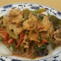 14. Tom Kha Gai · Mild coconut milk soup with mushrooms, tomatoes, onions, lemongrass, galangal and lime leave...