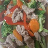 50. Beef Broccoli · Sauteed sliced beef with oyster sauce, garlic, capers, broccoli and bell peppers.