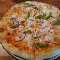 Buffalo Chicken Pizza · Chopped Buffalo chicken breast, green peppers, shaved red onions, feta and mozzarella cheese...
