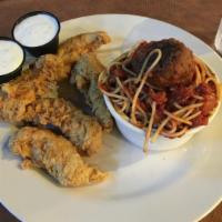Chicken Fingers · Hand-breaded chicken fingers served with french fries and ranch dressing.
