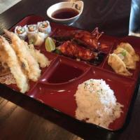 Box 2 · Shrimp and vegetable tempura and salmon teriyaki. Served with miso soup, house salad, 3 piec...