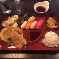 Box 3 Sushi · Shrimp and vegetable tempura with sushi. Served with miso soup, house salad, 3 pieces Califo...