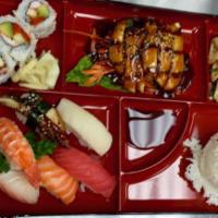 Box 4 · Chicken teriyaki and assorted sushi from sushi chef's choices. Served with miso soup, house ...