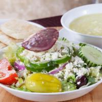 Soup and Salad Combo · Mini Greek salad with cup of Avgolemono soup.