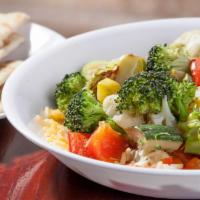Grilled Vegetable Bowl Light Meal · Seasonal vegetables over rice. Vegetarian.