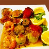 Hot Antipasto · Baked clams, eggplant rollatini, broiled shrimp, stuffed mushroom, and stuffed pepper.